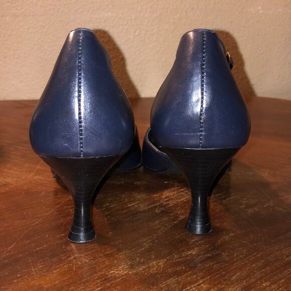 J G JG Hooks Preppy Academia Old Money Edgy Square Toe Blue Stacked Kitten Heels - Picture 6 of 11